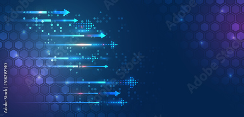 Hi-tech computer digital technology concept. Abstract hexagons and arrows. Technology communication vector illustration. Blue background with various technological elements.