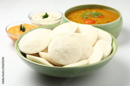 Traditional breakfast of South India IDLY served with sambar & Chutney photo