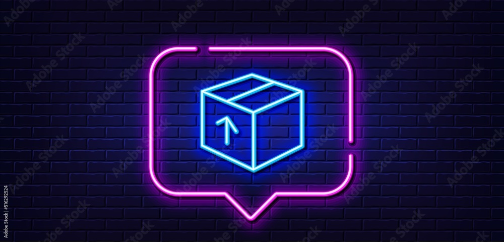 Neon light speech bubble. Delivery box line icon. Logistics shipping sign. Parcels tracking symbol. Neon light background. Package glow line. Brick wall banner. Vector Neon light speech bubble. Delivery box line icon. Logistics shipping sign. Parcels tracking symbol. Neon light background. Package glow line. Brick wall banner. Vector