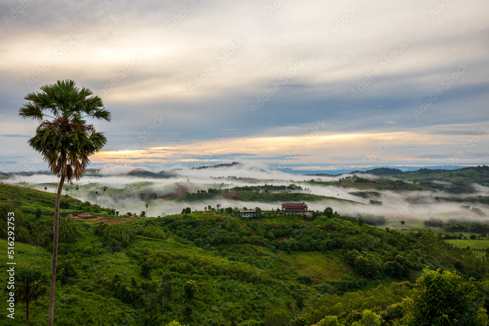 White Mist early Morning sunrise over the hill and Bungalow wide field with palm tree during rainy season of Thailand