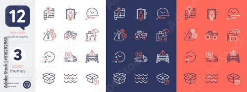 Set of Time schedule, Waves and Delivery discount line icons. Include Map, Delivery time, Warning road icons. Warning, Elevator, Secret package web elements. Luggage insurance, Open box. Vector