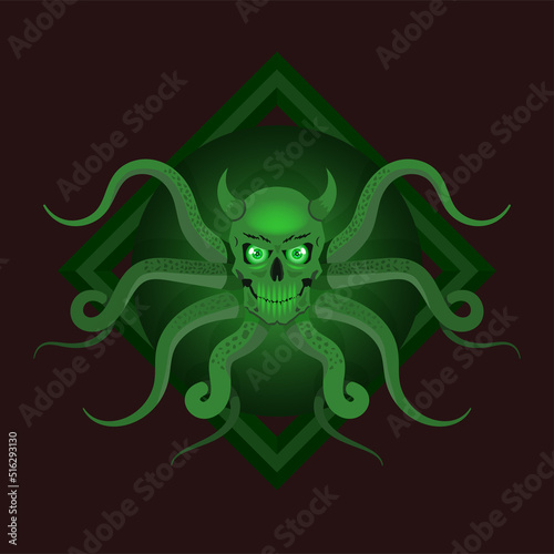 Vector scary green mutant, big-eyed skull with horns and long writhing tentacles. Evil terrible monster. Sticker or logo. Sea freak kraken