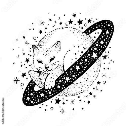 Magic cat tattoo. Space saturn art. Esoteric and alchemy cute background. Fantasy graphic for girl and baby. Midnight cat vector print. Coloring book starry animal. Mysterious celestial galaxy symbol