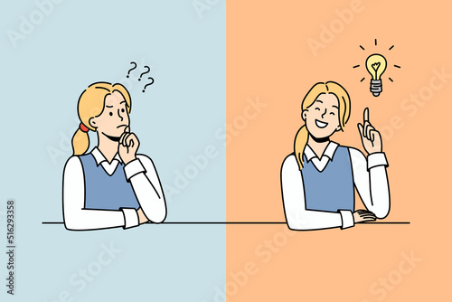 Girl thinking and finding answer. Female student confused looking for answers and creating solution. Innovation and problem solution. Vector illustration. 