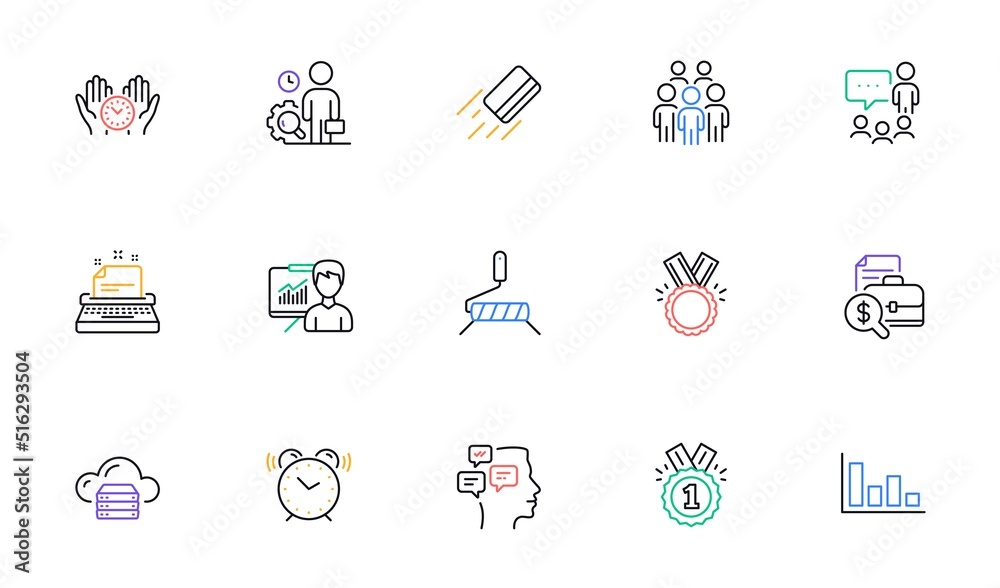 Safe time, Approved and Messages line icons for website, printing. Collection of Alarm clock, Cloud server, Presentation icons. Histogram, Paint roller, Honor web elements. Typewriter. Vector Safe time, Approved and Messages line icons for website, printing. Collection of Alarm clock, Cloud server, Presentation icons. Histogram, Paint roller, Honor web elements. Typewriter. Vector
