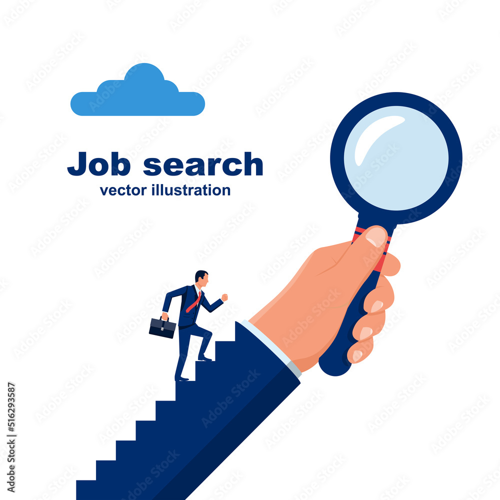 Search for a new job. Businessman is looking work. Magnifying glass in the hands of man. Search for new opportunities. Vector illustration cartoon design. Vision future concept. Search for a new job. Businessman is looking work. Magnifying glass in the hands of man. Search for new opportunities. Vector illustration cartoon design. Vision future concept.