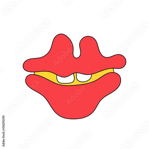 Doodle retro lips. Comic smiling mouth.Hippie design element.