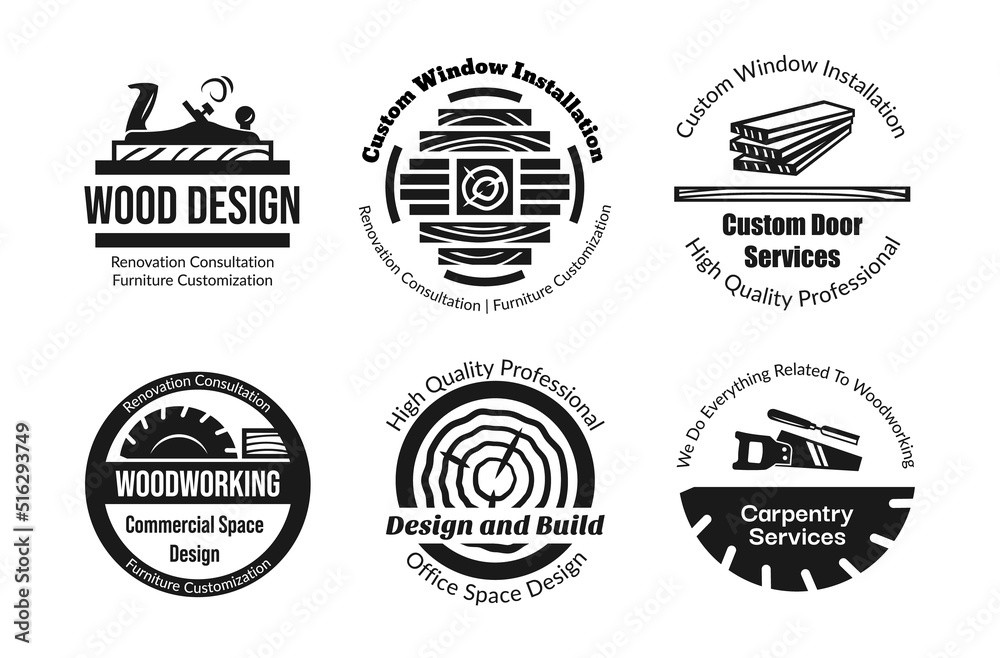 Carpentry service circle emblem set line monochrome vector illustration