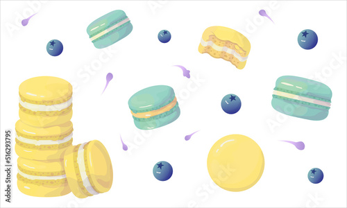 Watercolor macarons set. Traditional French lemon and blueberry cookies in pastel colors, isolated vector illustration in cute cartoon style.