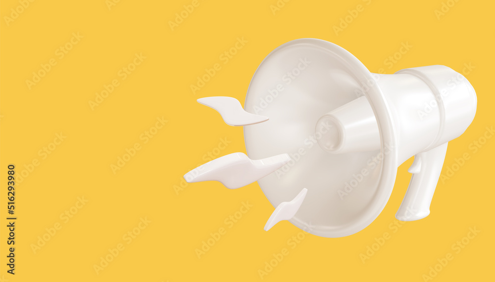 White megaphone loudspeaker on yellow background. 3D render  illustration.