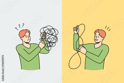 Man untangle puzzle find answers to mental problems. Unhappy and happy male after psychological session. Mind and stress relieve concept. Vector illustration. 