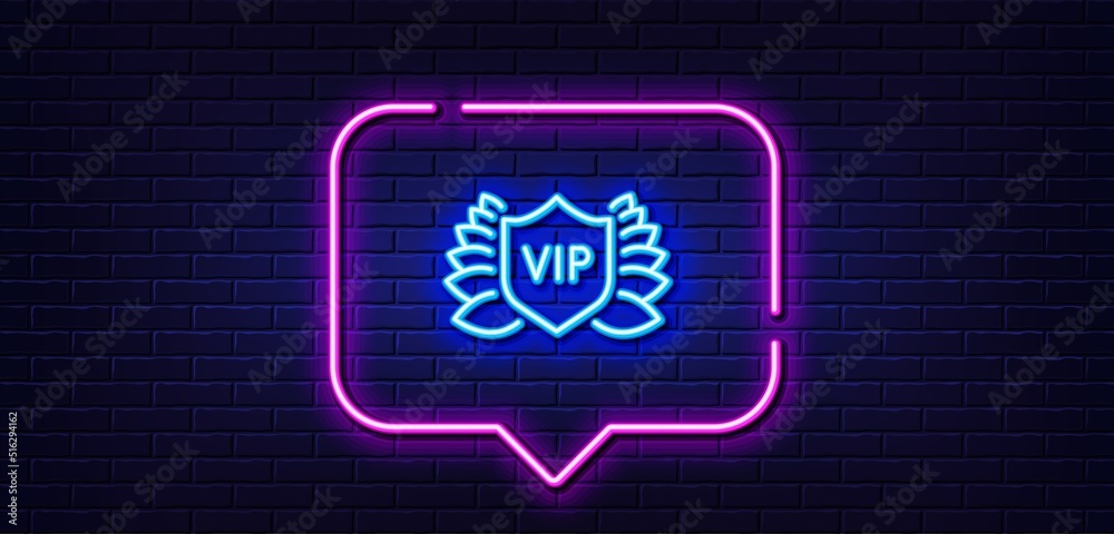 Neon light speech bubble. Vip security line icon. Very important person protection sign. Member club privilege symbol. Neon light background. Vip security glow line. Brick wall banner. Vector Neon light speech bubble. Vip security line icon. Very important person protection sign. Member club privilege symbol. Neon light background. Vip security glow line. Brick wall banner. Vector