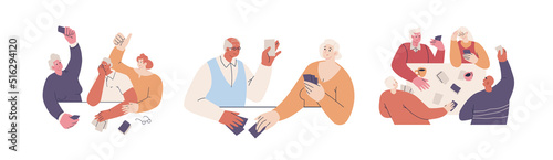 Elderly people have fun playing card board games. People of retirement age spend time together playing poker