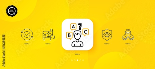 Quiz test, Security confirmed and Destination flag minimal line icons. Yellow abstract background. Ship, Eye protection icons. For web, application, printing. Vector