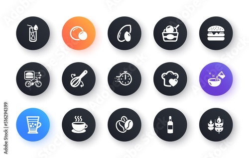 Minimal set of Burger, Cooking whisk and Food delivery flat icons for web development. Love cooking, Ice cream, Frappe icons. Peas, Water glass, Coffee beans web elements. Peanut. Vector