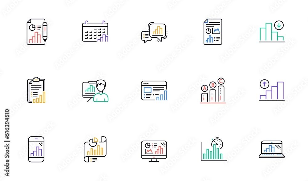 Graph line icons. Charts and graphs, Presentation and Report. Analytics linear icon set. Bicolor outline web elements. Vector