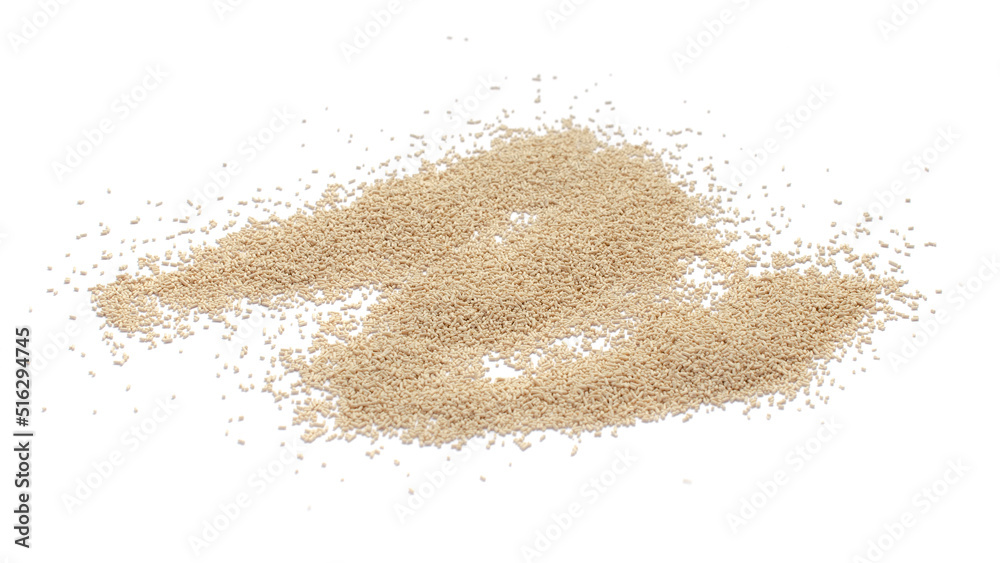 Pile of dry yeast isolated on white background, top view. Active dry