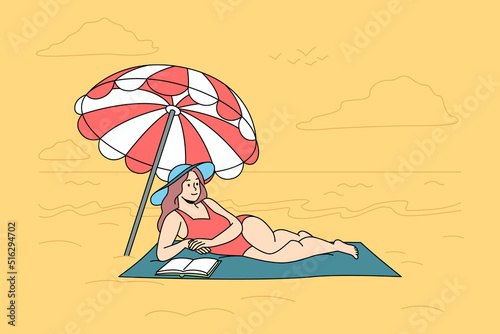 Happy woman in swimsuit lying on beach reading book. Smiling girl in biking relax on seashore sunbathing enjoying summer holidays. Vector illustration. © Dzianis Vasilyeu