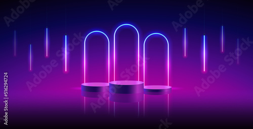 Three Podiums with Neon Arcs