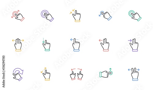 Touchscreen gesture line icons. Hand swipe, Slide gesture, Multitasking icons. Touchscreen technology, tap on screen, drag and drop. Linear set. Bicolor outline web elements. Vector