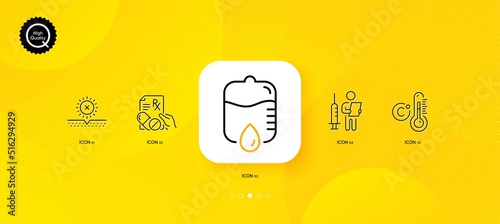 Vaccination announcement, No sun and Prescription drugs minimal line icons. Yellow abstract background. Drop counter, Celsius thermometer icons. For web, application, printing. Vector