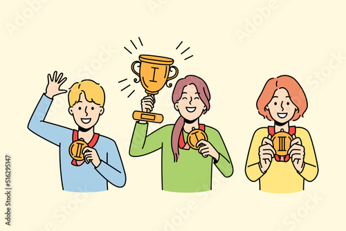 Happy children with medals on school competition on contest. Smiling kids with prizes celebrate win in championship. Vector illustration. 