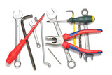 Construction work tools for building. Screwdrivers, wrenches, pliers. Bright set of tools close-up on a white background
