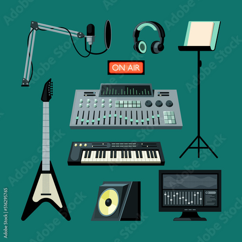 music instruments. record studio sound devices accessories rock guitar microphone recorder speakers amplifier synthesizer. Vector music templates