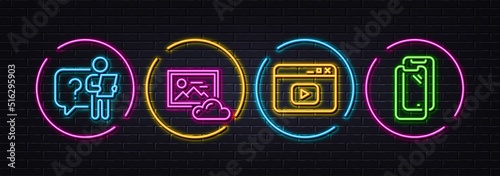 Search employee, Photo cloud and Video content minimal line icons. Neon laser 3d lights. Smartphone glass icons. For web, application, printing. Vector