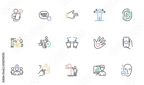 Customer survey, Engineering team and Favorite app line icons for website, printing. Collection of Social responsibility, Uv protection, Fingerprint icons. Leadership, Click hand. Vector