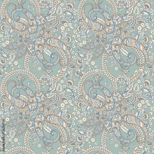 Floral seamless pattern with paisley ornament. Vector illustration in asian textile style