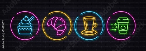 Ice cream, Teacup and Croissant minimal line icons. Neon laser 3d lights. Coffee delivery icons. For web, application, printing. Sundae cup, Tea or latte, Fresh bakery. Soft beverage. Vector