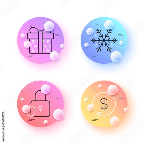 Gift box, Air conditioning and Lock minimal line icons. 3d spheres or balls buttons. Usd exchange icons. For web, application, printing. Present package, Snowflake, Padlock shield. Vector
