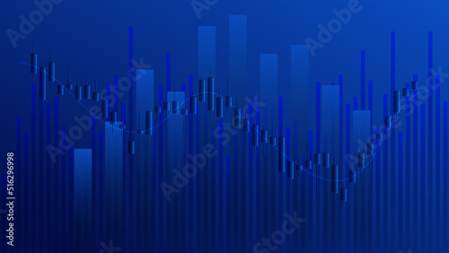 economy situation concept. Financial business statistics with bar graph and candlestick chart show stock market price and currency exchange on blue background