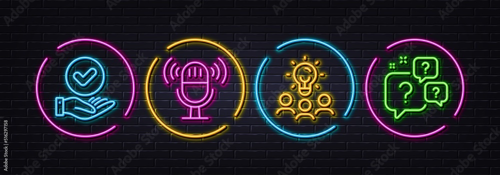 Business idea, Microphone and Approved checkbox minimal line icons. Neon laser 3d lights. Question bubbles icons. For web, application, printing. Meeting people, Mic, Verification. Faq. Vector Business idea, Microphone and Approved checkbox minimal line icons. Neon laser 3d lights. Question bubbles icons. For web, application, printing. Meeting people, Mic, Verification. Faq. Vector