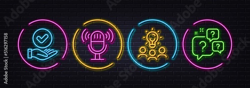 Business idea, Microphone and Approved checkbox minimal line icons. Neon laser 3d lights. Question bubbles icons. For web, application, printing. Meeting people, Mic, Verification. Faq. Vector