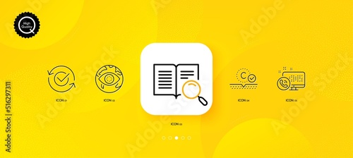 Search text, Collagen skin and Cyber attack minimal line icons. Yellow abstract background. Web call, Approved icons. For web, application, printing. Open book, Skin care, Web phishing. Vector