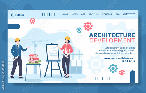 Architect or Engineer Social Media Landing Page Template Flat Cartoon Background Vector Illustration