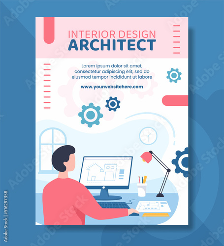 Architect or Engineer Poster Template Flat Cartoon Background Vector Illustration