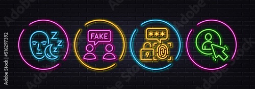 Fake information, Biometric security and Sleep minimal line icons. Neon laser 3d lights. User icons. For web, application, printing. Wrong talk, Fingerprint secure, Dream face. Project manager. Vector