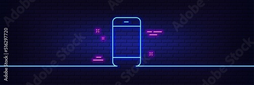 Neon light glow effect. Smartphone icon. Cellphone or Phone sign. Ð¡ommunication Mobile device symbol. 3d line neon glow icon. Brick wall banner. Smartphone outline. Vector