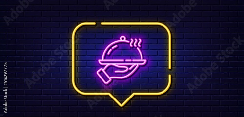 Neon light speech bubble. Restaurant food line icon. Dinner sign. Hotel room service symbol. Neon light background. Restaurant food glow line. Brick wall banner. Vector
