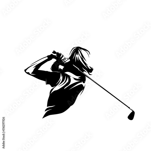 Golf player, female golfer, abstract isolated vector silhouette. Golf swing logo