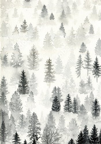 Abstract black and white color landscape forest coniferous trees in the fog in winter, watercolor