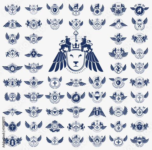 Vintage heraldic emblems vector big set, antique heraldry symbolic badges and awards collection, classic style design elements, family emblems.
