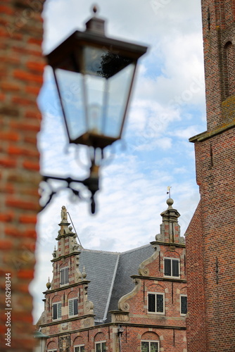 Close-up on the Stadhuis (Town Hall) in De Rijp, Alkmaar, North Holland, Netherlands. The Stadhuis was built in 1630 and nowadays hosts a tourist office. De Rijp is known for its rijksmonuments photo