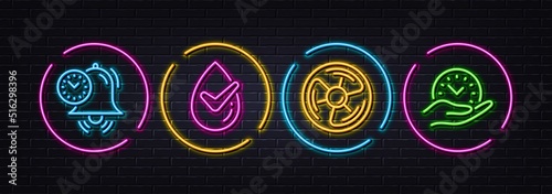 Dermatologically tested, Air fan and Time management minimal line icons. Neon laser 3d lights. Safe time icons. For web, application, printing. Organic, Ventilation turbine, Alarm clock. Vector