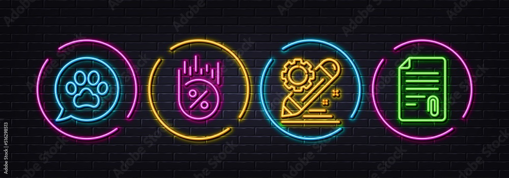 Loan percent, Project edit and Pets care minimal line icons. Neon laser 3d lights. Attachment icons. For web, application, printing. Discount, Settings, Dog paw. Attach file. Vector