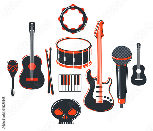 Rock music band vector flat illustration isolated over white background, hard rock and heavy metal live sound festival or concert, rock n roll musical band playing, night club party.