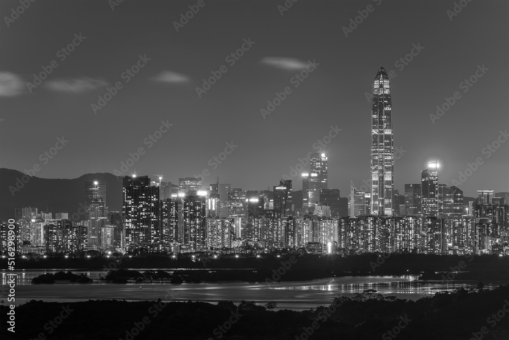 Night scenery of skyline of Shenzhen city, China. Viewed from Hong Kong border